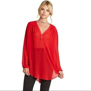BCBGeneration Red Sheer Shirred High-Low Blouse